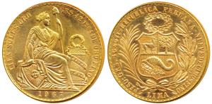 Peru, Gold 100 Soles, 46.71g, obv. seated liberty, rev. coat of arms which includes a corn
