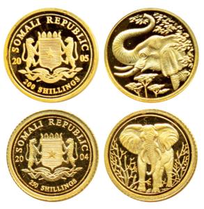 Somalia, Gold 200 Shillings, 0.52g; Gold 250 Shillings, 0.52g, both with regal elephants o