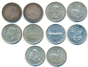 South Africa, Silver 5 Shillings (5), George VI 1947 (KM 31); 1952, 300th Anniversary Foun