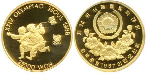 South Korea, Gold 25,000 Won, 16.813g, 25th Olympics in Seoul, 1988, children running with