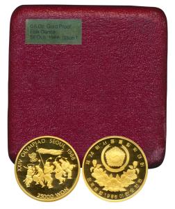 South Korea, Gold 25,000 Won, 16.813g, 25th Olympics in Seoul, 1988, folk dance on rev. (K
