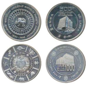 Sri Lanka, Silver Rupees 500 and 1000, each 28.28g, 1990 and 2000, 40th and 50th Anniversa