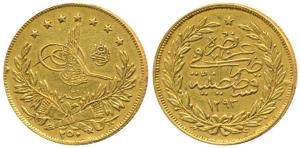 Turkey, Gold 250 Kurush, 18g, Qustantinyaha - Constantinople Mint AH 1293/29 (KM 732). Ex-