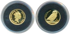 Tuvalu, Gold $3, 1.33g, Wildlife series, an owl on rev., 2005. Proof In plastic case. Fine