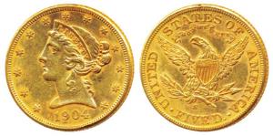 United States of America, Gold $5, 8.34g, Liberty head on obv., Motto ’In God we trust’ ab