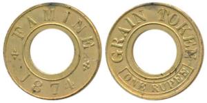 Issued for Relief work during the Bengal famine of 1874.Famine Grain Token, Gilt Brass Rup