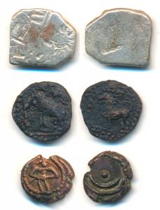 Mauryan, Silver punch marked with sun, six armed and hill symbol; Sangam age, Karikala Cho
