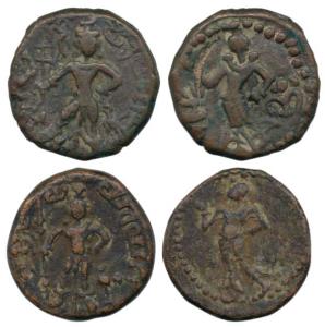 Yaudheyas (2nd century BC), Copper Unit 20, obv. Lord Kartikeya with peacock with Brahmi l