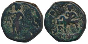 Kushanas, Huvishka (c. 152-192 AD), Copper Tetradrachm, 15.53g, obv. king nimbate reclinin