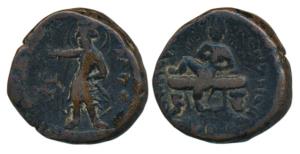 Kushanas, Huvishka, Copper Tetradrachm, 15.4g, obv. king nimbate reclining facing on couch