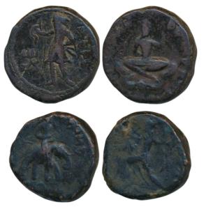 Kushanas, Huvishka, Copper Tetradrachm (2), obv. king seated cross legged on couch, rev. k