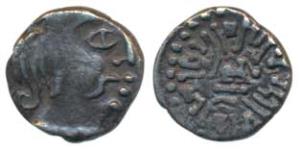 Kalachuris, Krishnaraja, obv. bust of the king facing right, rev. seated bull in center wi