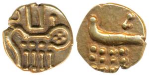 Veera Raya, Coorg, Gold Fanam, obv. stylized lion standing right with crescent above; rev.