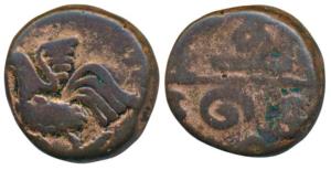 Pondicherry Mint, Copper Doudou, 4g, obv. rooster, rev. mint name in Tamil, (KM 52). About