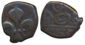 Pondicherry Mint, Copper Doudou, 4.19g, obv. fleur-de-lis, rev. mint name in Tamil (KM 35)