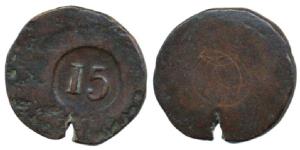Maria II, Copper 15 Reis, Countermarked coinage, numerals 15 in circle, Series of 1846 (KM