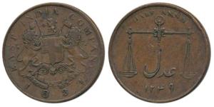 Copper ½ Anna, 12.71g, 1834, Coat of Arms on obv., scales and value within wreath on rev, 