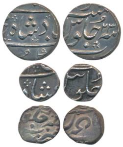 1/5 Rupee, Mumbai Mint; Silver 1/8 and ½ Rupee, Surat Mint, in the name of Shah Alam II, R