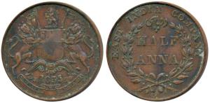 Copper ½ Anna, 1835, coat of Arms on obv. Very Fine+.