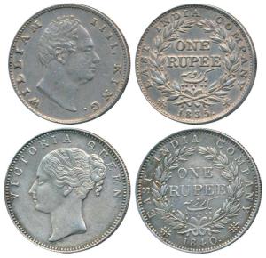 William IV, Silver Rupee, 1835; Victoria Queen, Silver Rupee, 1840, Continuous legend. Ver
