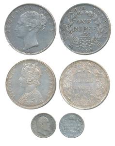 Victoria Queen, Silver Rupee, Continuous Legend 1840; Victoria Empress, Silver Rupee, 1893