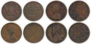 Victoria Queen and Empress, Copper ½ Anna (3), 1862, 1876 and 1877; Copper ½ Anna, 1835. F