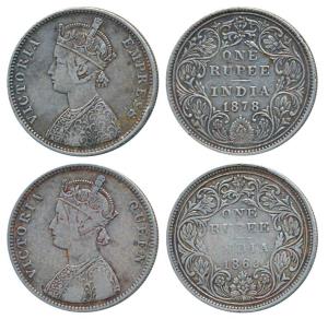 Victoria Queen and Empress, Silver Rupee, 1862, A / II / 0 / 4; 1878, A3 / II / dot. Fine+