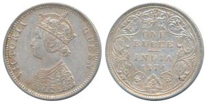 Victoria Queen, Silver Rupee, 1874, Bombay Mint, C1 / II / No mint mark, (Prid 141). Very 