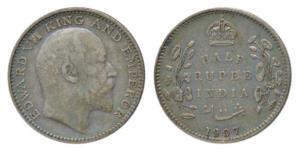Edward VII, Silver ½ Rupee, 1907, Bombay Mint, B incuse and dot, (Prid 316). Very Fine.