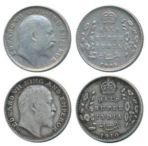 Edward VII, Silver ½ Rupee (2), 1906 and 1910. Very Fine. (2)