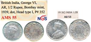 George V, Silver ½ Rupee, 1913, Calcutta Mint; George VI, Silver ½ Rupee, 1939, Bombay Min