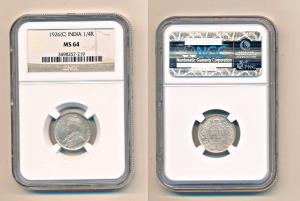 George V, Silver ¼ Rupee, 1926, Calcutta Mint. Graded by NGC MS64, Rare in such a high gra