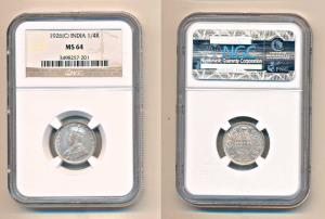 George V, Silver ¼ Rupee, 1926, Calcutta Mint. Graded by NGC MS64, Rare in such a high gra