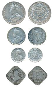 George V, set of 3, Silver Rupee, ½, ¼ and Copper Nickel 2 Annas, 1918, the first and seco