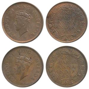 George VI, Bronze ¼ Anna (2), 1938, 1st head, Calcutta Mint, (Prid 684); Bombay Mint, dot 