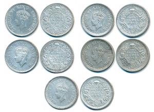George VI, Half Silver Rupee (5), 1940, 1941, 1942, 1944 and 1945. Very Fine+. (5)