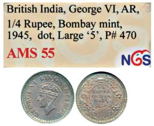 George VI, Silver ¼ Rupee, 1945, Bombay Mint, Large and Open 5 in Date, dot, (Prid 470). G