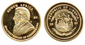 Liberia, Gold 10 Dollars, .5g (half gram), 2005, Krugerrand, (KM 585). Fine. Proof.