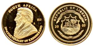 Liberia, Gold 10 Dollars, 0.5g (half gram), 2005, Krugerrand, (KM 585). Fine. Proof.