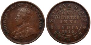 George V, Copper ¼ Anna, 4.6g, 1912, (KM 16).
