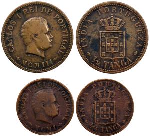 Carlos I, Copper ¼ and ½ Tanga, 6g, 1901 and 1903, (KM 15 and 16).