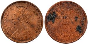 Victoria Empress, Copper, ¼ Anna, 6.58g, 1880, (KM 486).