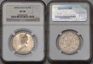 Victoria Empress, Silver Rupee, 1890, NGC AU58, (KM 492).