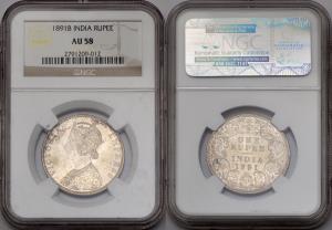 Victoria Empress, Silver Rupee, 1891, NGC AU58, (Km 492).