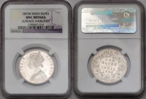 Victoria Empress, Silver Rupee, 1893, NGC Unc details, (KM 492).