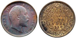 Edward VII, Copper ¼ Anna, 4.85g, 1910, (KM 502).