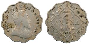 Edward VII, Copper Nickel 1 Anna, 3.85g, 1910, (KM 504).