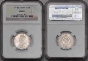 George V, Silver ½ Rupee, 1914, Bombay Mint, NGC Ms 64, (KM 522).