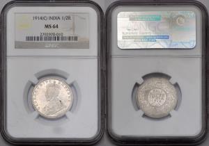 George V, Silver ½ Rupee, 1914, Calcutta Mint, NGC MS 64, (KM 522).