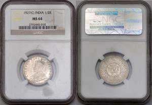 George V, Silver ½ Rupee, 1927, Calcutta Mint, NGC MS 64, (KM 522).